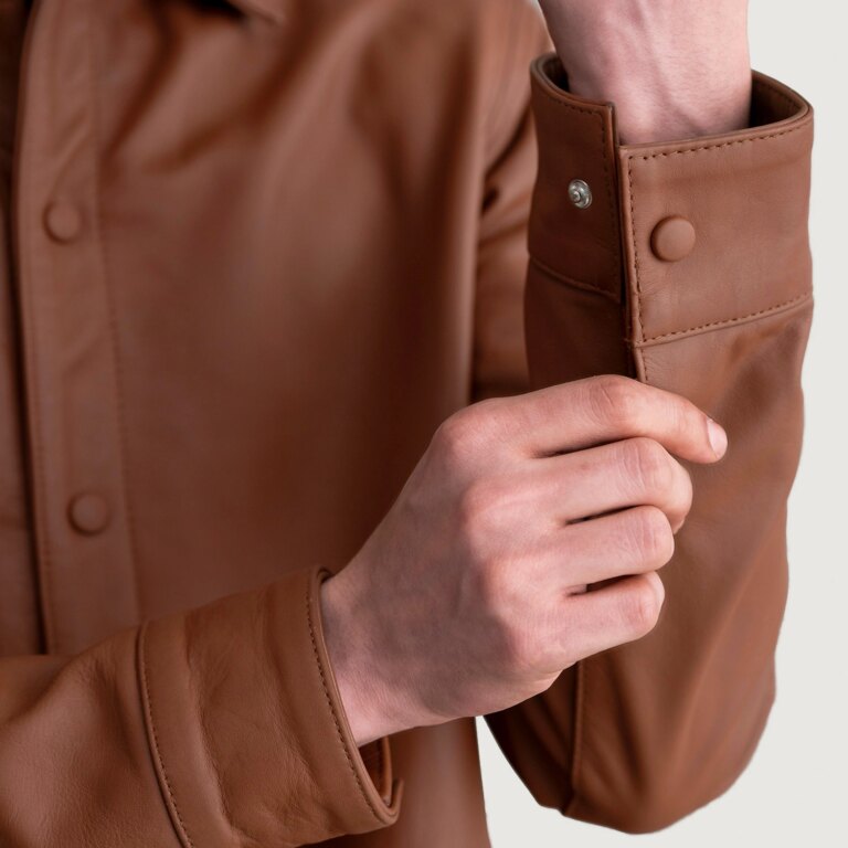 Mens Haven Matte Brown Leather Shirt Close-Up-9-1724082203163